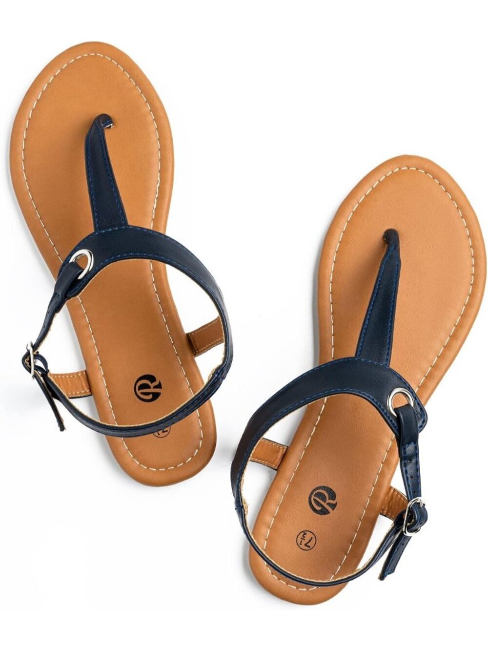 Women's Navy Blue1 Adjustable Ankle Buckle with T-Strap Flats Thong Sandals - Picture 1 of 6